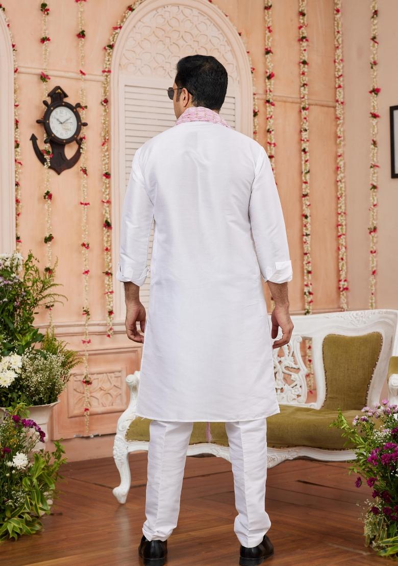 Off White Solid Art Silk Kurta Set For Men