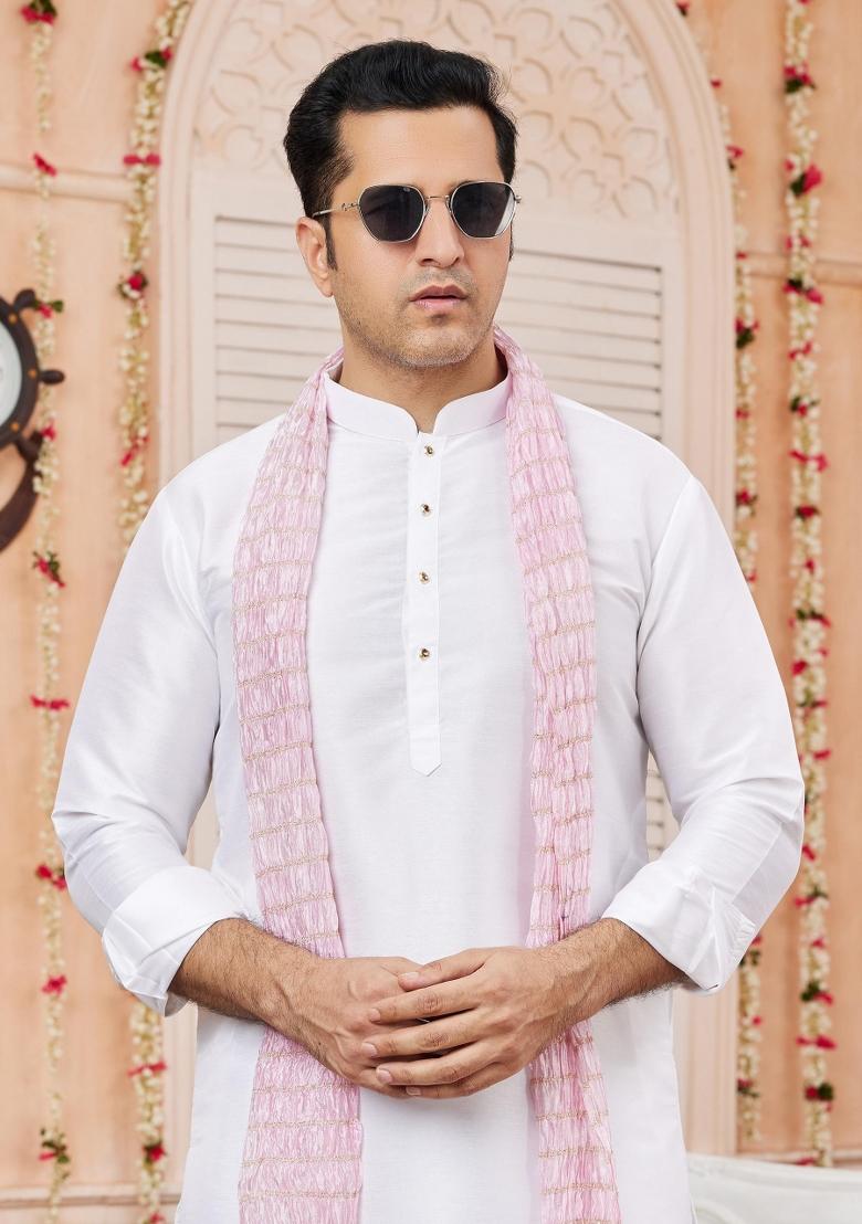Off White Solid Art Silk Kurta Set For Men
