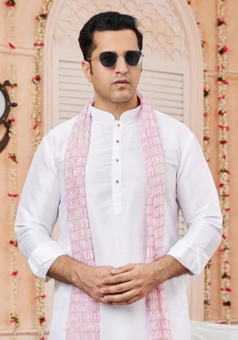 Off White Solid Art Silk Kurta Set For Men