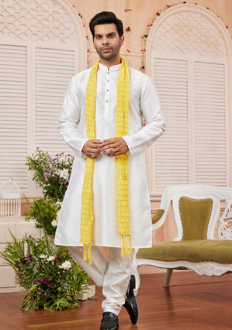 Cream Solid Art Silk Kurta Set For Men - Indya