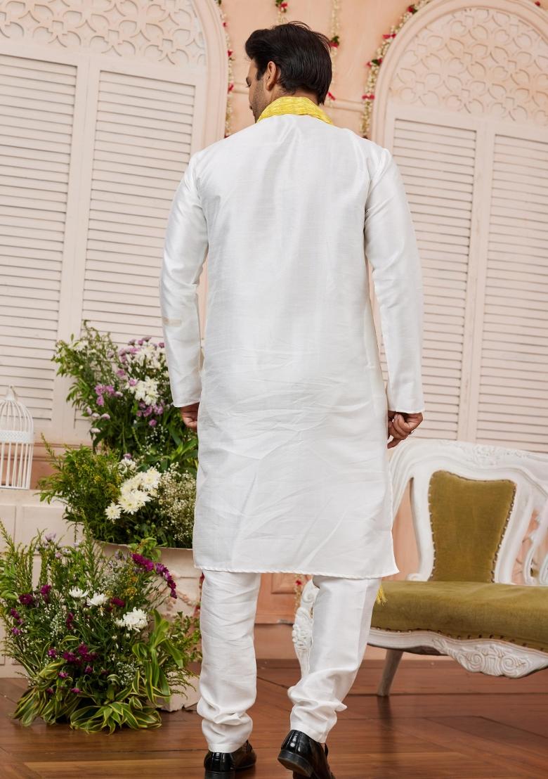 Cream Solid Art Silk Kurta Set For Men