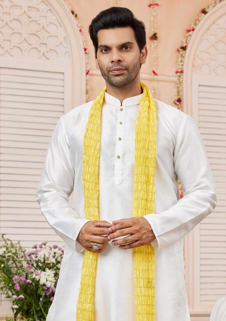 Cream Solid Art Silk Kurta Set For Men - Indya