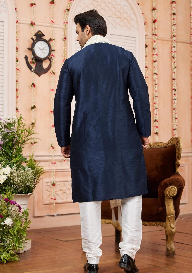 Blue Solid Art Silk Kurta Set For Men