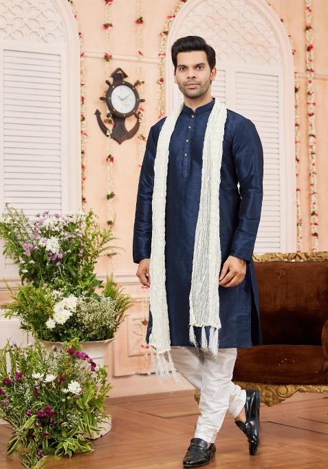 Blue Solid Art Silk Kurta Set For Men — view on Indya