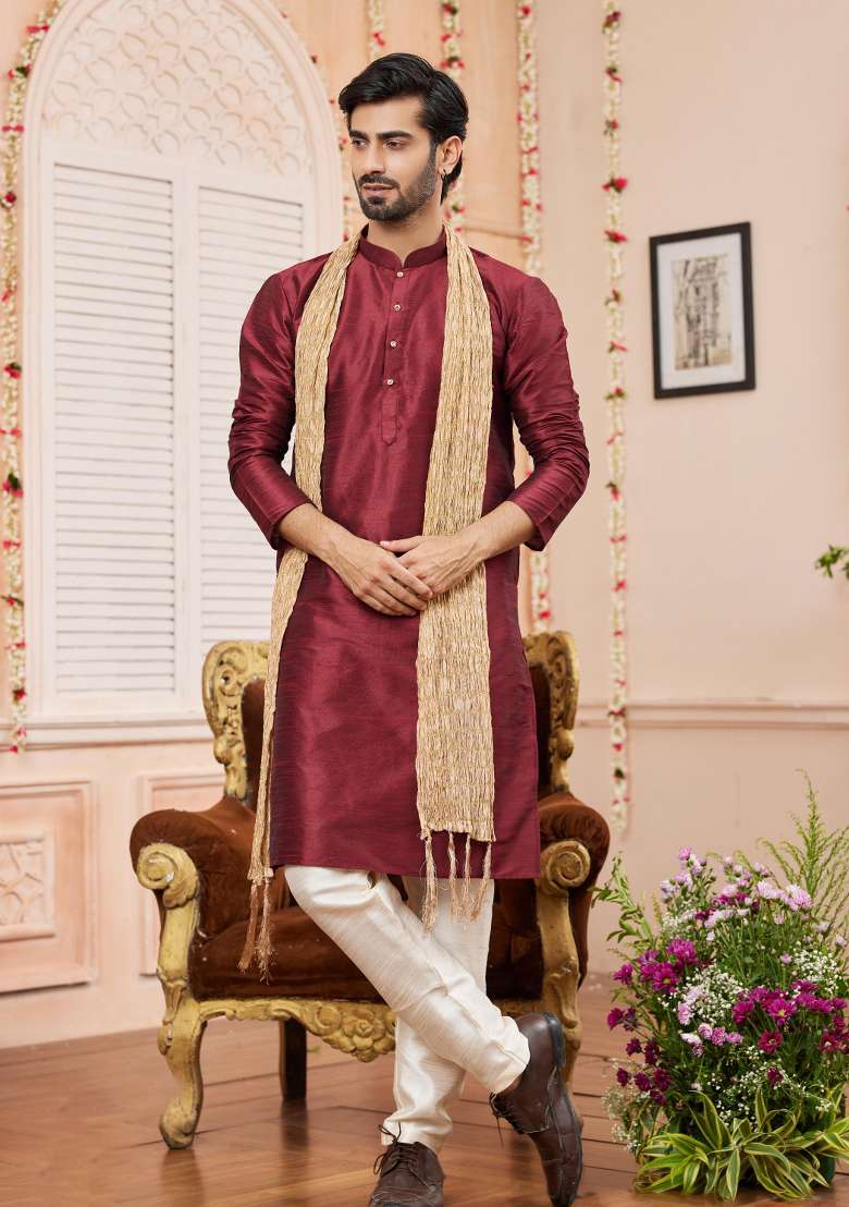 Maroon Solid Art Silk Kurta Set For Men - Indya