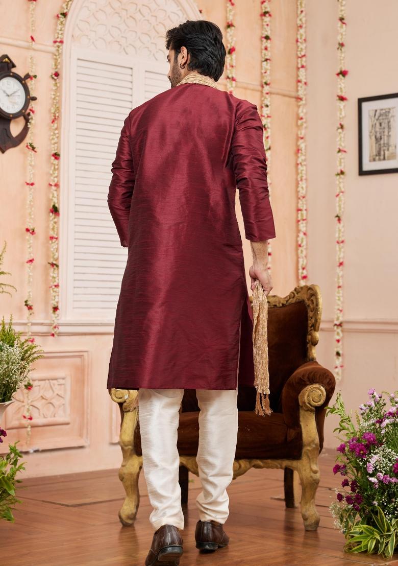Maroon Solid Art Silk Kurta Set For Men