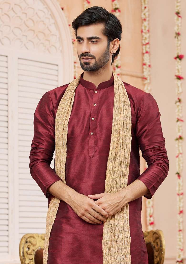 Maroon Solid Art Silk Kurta Set For Men - Indya