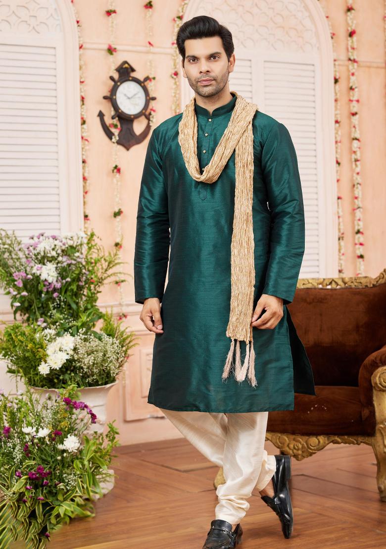 Green Solid Art Silk Kurta Set For Men