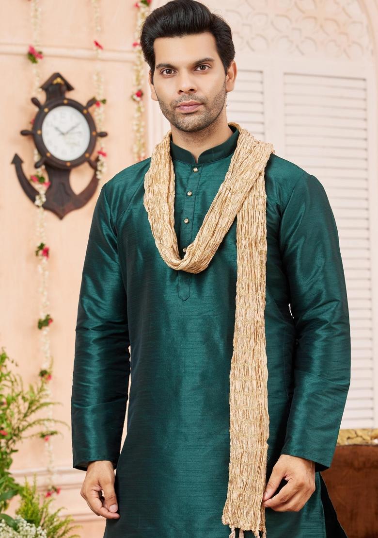 Green Solid Art Silk Kurta Set For Men
