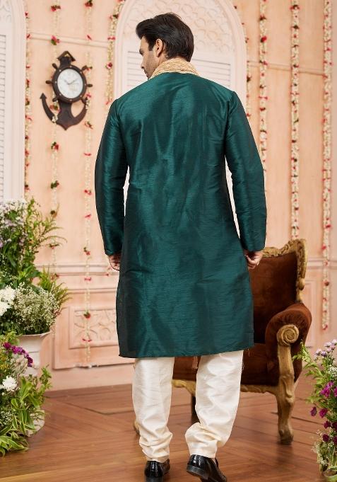 Green Solid Art Silk Kurta Set For Men