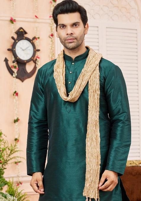 Green Solid Art Silk Kurta Set For Men