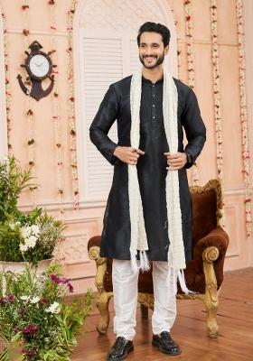 Black Solid Art Silk Kurta Set For Men