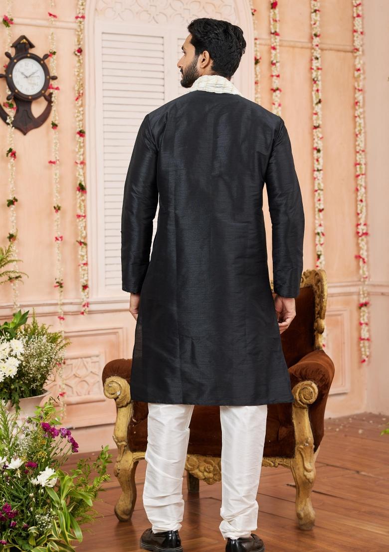 Black Solid Art Silk Kurta Set For Men