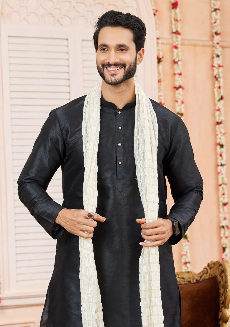 Black Solid Art Silk Kurta Set For Men - Indya