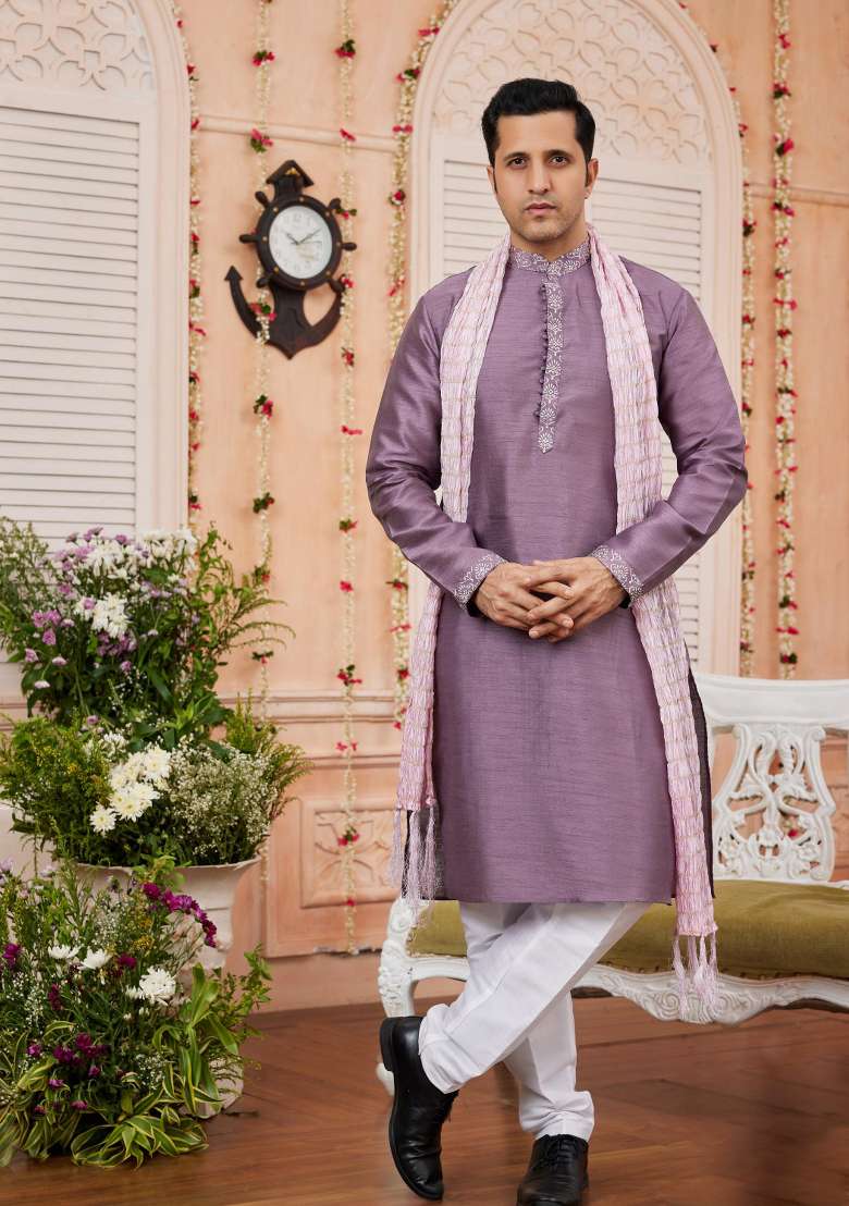 Dark Onion Pink Patch Work Banarasi Silk Kurta Set For Men - Indya