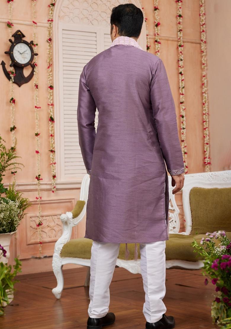 Dark Onion Pink Patch Work Banarasi Silk Kurta Set For Men