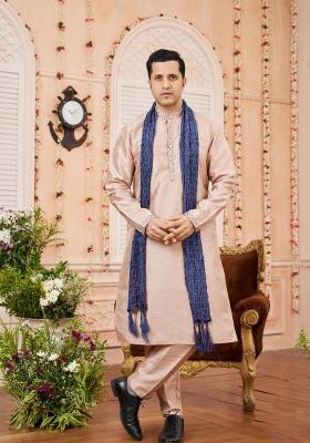 Light Greyish Orange Patch Work Banarasi Silk Kurta Set For Men