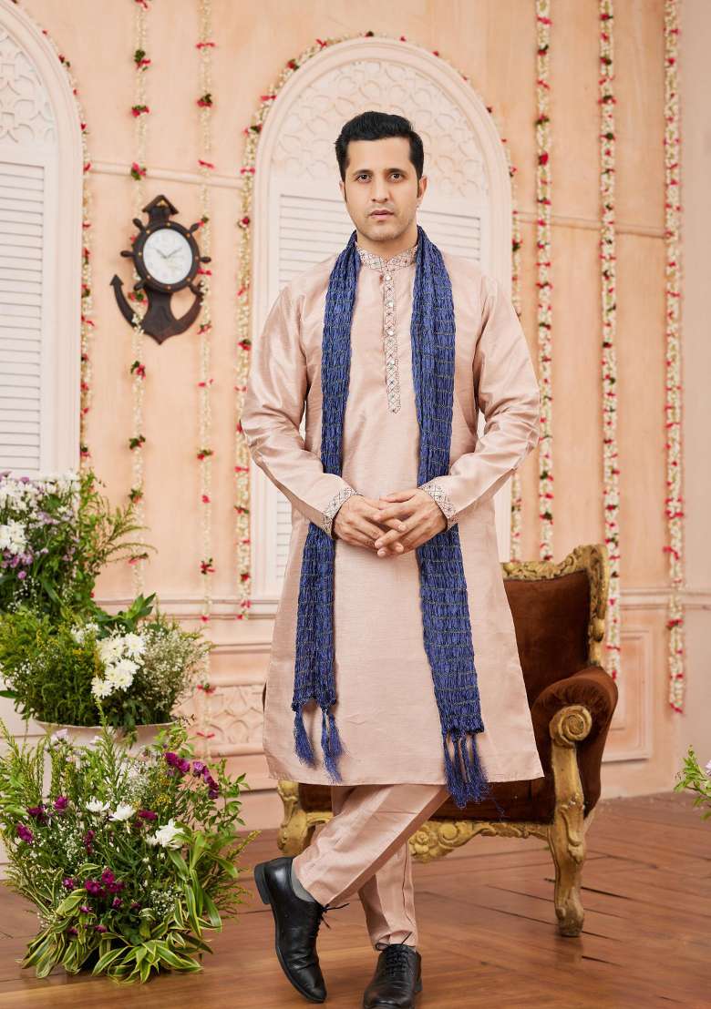 Light Greyish Orange Patch Work Banarasi Silk Kurta Set For Men - Indya