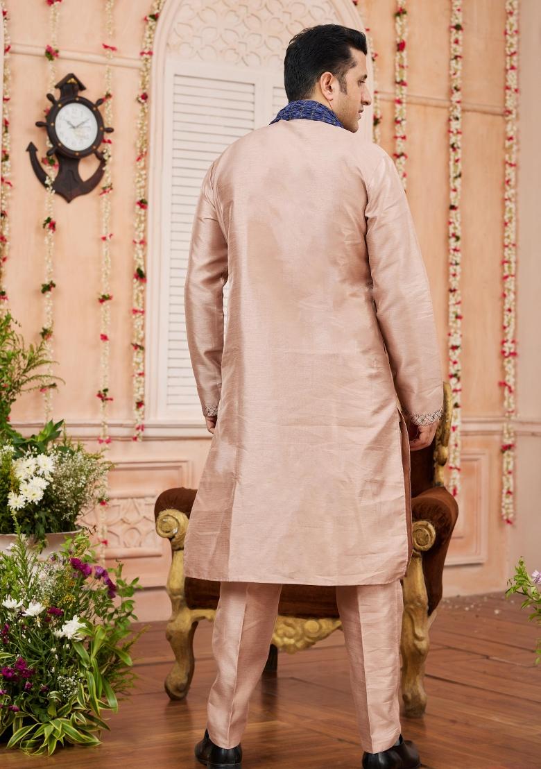 Light Greyish Orange Patch Work Banarasi Silk Kurta Set For Men