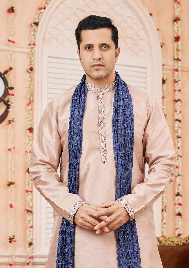 Light Greyish Orange Patch Work Banarasi Silk Kurta Set For Men - Indya