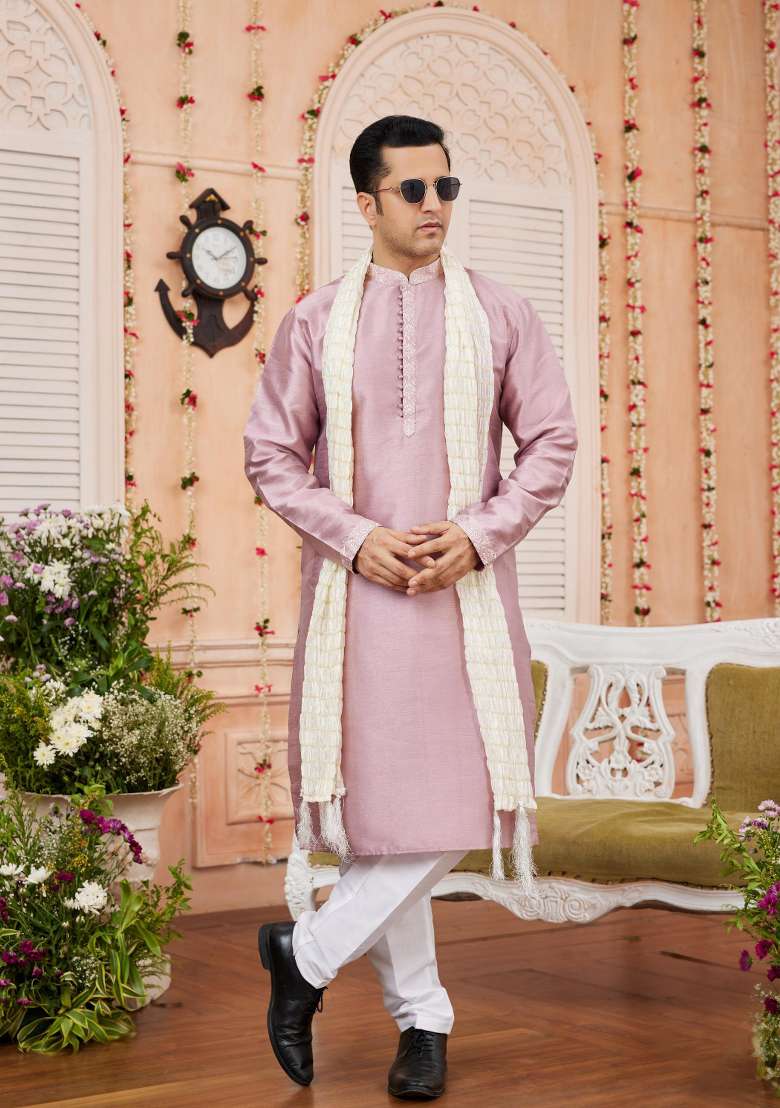 Onion Pink Patch Work Banarasi Silk Kurta Set For Men - Indya
