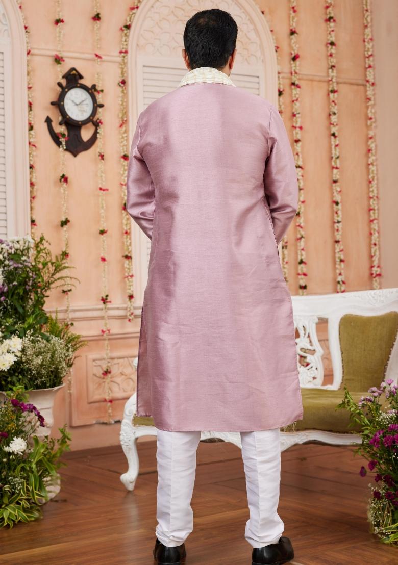 Onion Pink Patch Work Banarasi Silk Kurta Set For Men