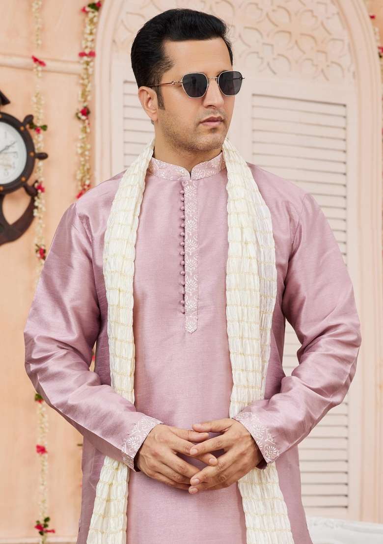 Onion Pink Patch Work Banarasi Silk Kurta Set For Men - Indya