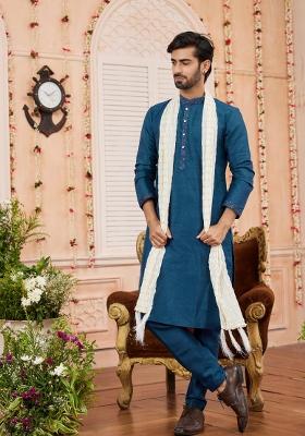 Blue Patch Work Banarasi Silk Kurta Set For Men