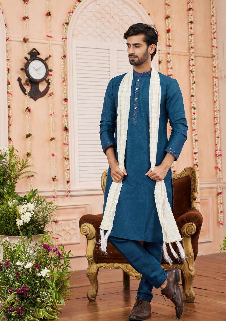 Blue Patch Work Banarasi Silk Kurta Set For Men - Indya
