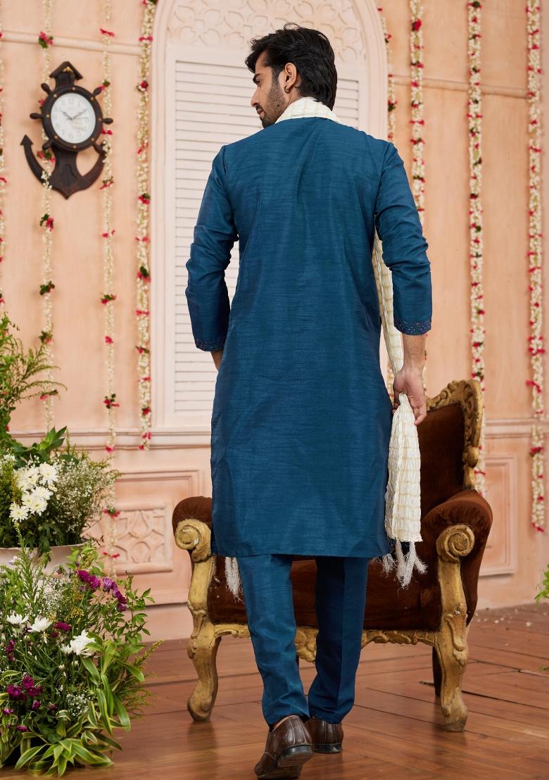 Blue Patch Work Banarasi Silk Kurta Set For Men
