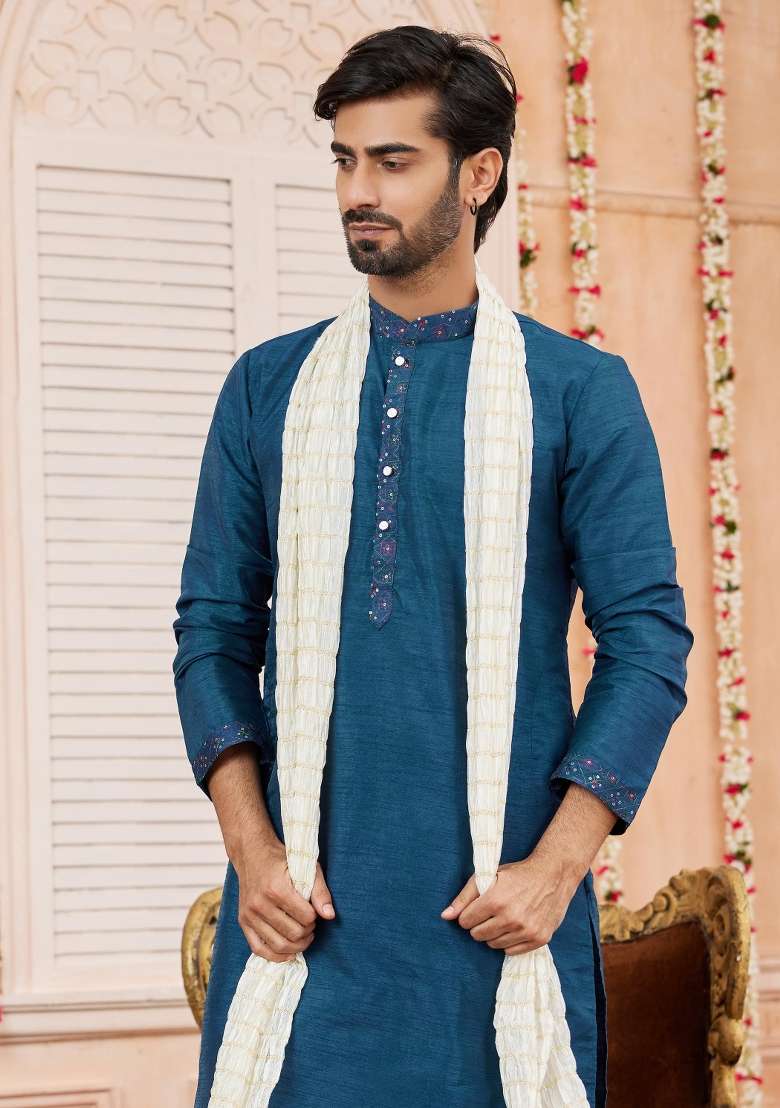 Blue Patch Work Banarasi Silk Kurta Set For Men - Indya