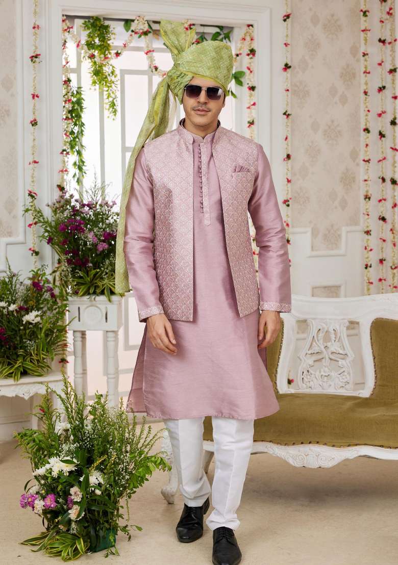 Onion Pink Embroidered Art Silk Nehru Jacket Set For Men - Indya