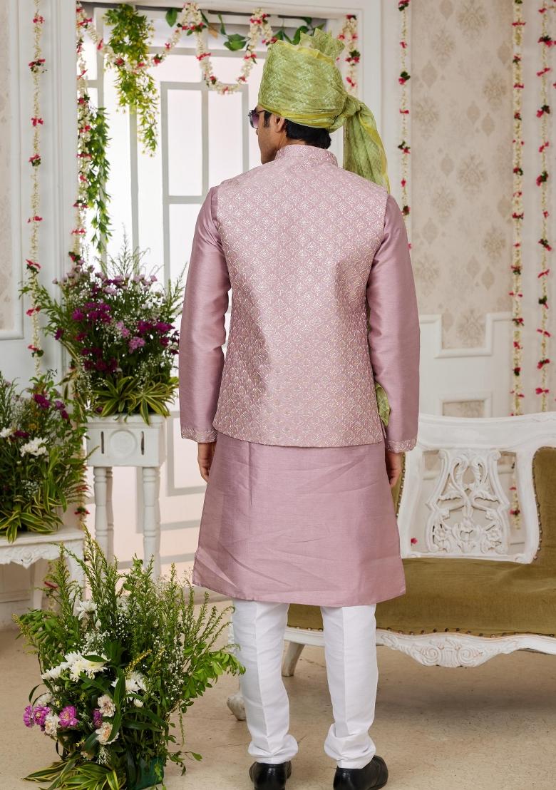 Onion Pink Embroidered Art Silk Nehru Jacket Set For Men