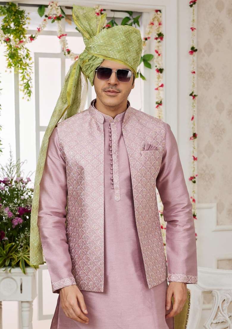Onion Pink Embroidered Art Silk Nehru Jacket Set For Men - Indya