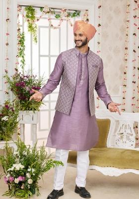 Dark Onion Pink Embroidered Art Silk Nehru Jacket Set For Men