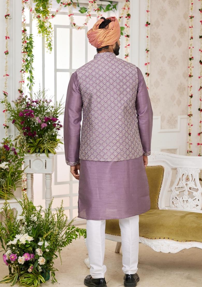 Dark Onion Pink Embroidered Art Silk Nehru Jacket Set For Men