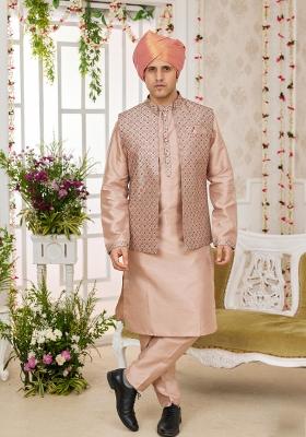 Light Greyish Orange Embroidered Art Silk Nehru Jacket Set For Men