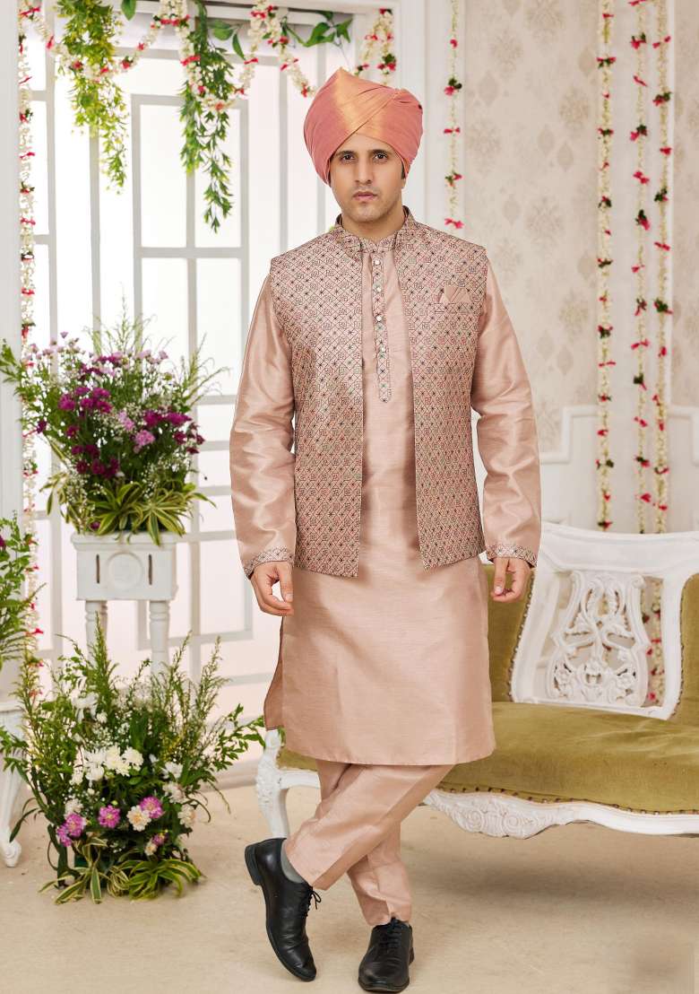 Light Greyish Orange Embroidered Art Silk Nehru Jacket Set For Men - Indya
