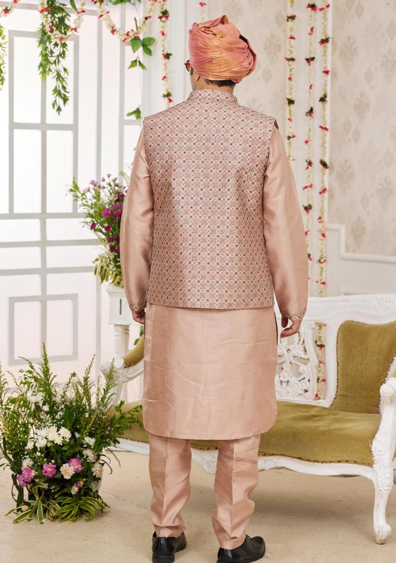 Light Greyish Orange Embroidered Art Silk Nehru Jacket Set For Men