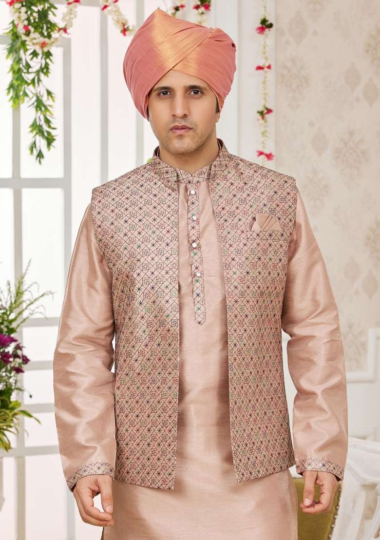 Light Greyish Orange Embroidered Art Silk Nehru Jacket Set For Men - Indya