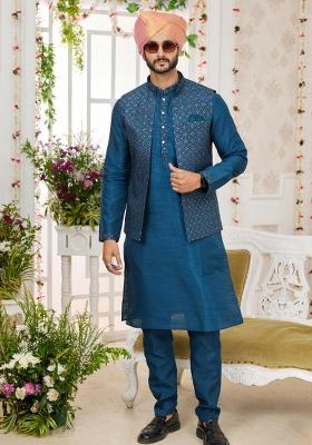 Blue Embroidered Art Silk Nehru Jacket Set For Men