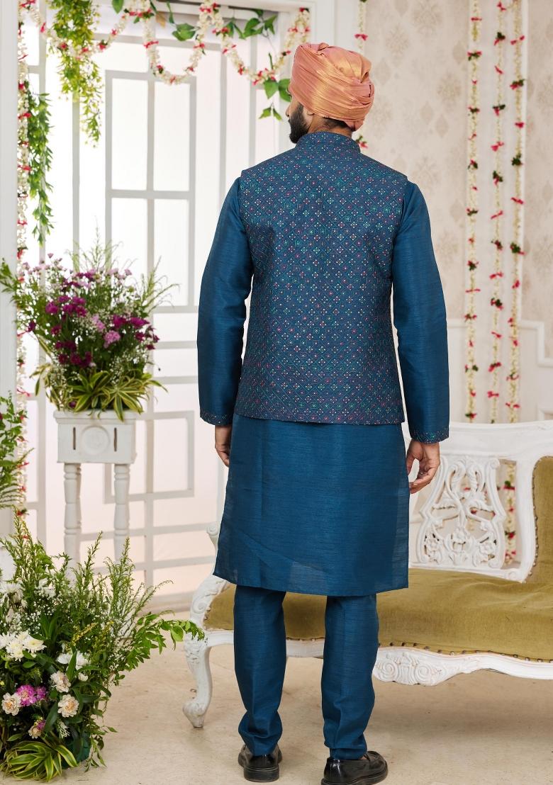 Blue Embroidered Art Silk Nehru Jacket Set For Men
