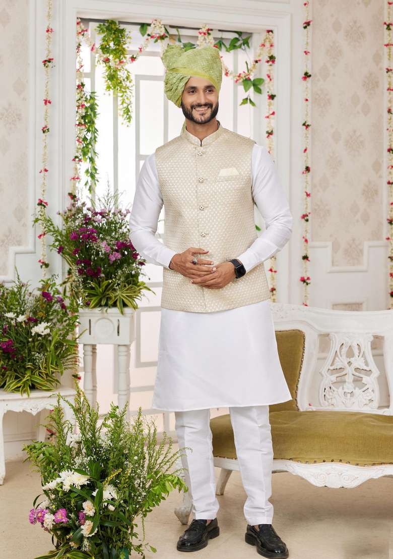 Light Greyish Orange Embroidered Art Silk Nehru Jacket Set For Men - Indya