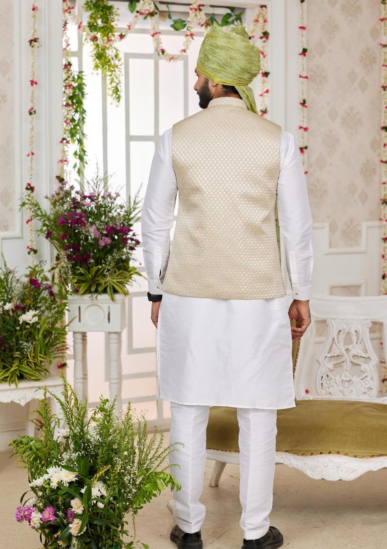Light Greyish Orange Embroidered Art Silk Nehru Jacket Set For Men