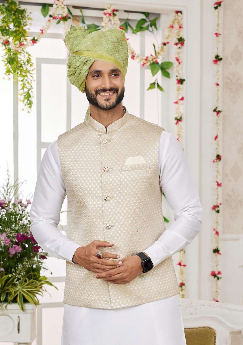 Light Greyish Orange Embroidered Art Silk Nehru Jacket Set For Men - Indya