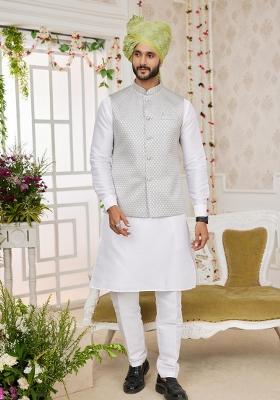 Grey Embroidered Art Silk Nehru Jacket Set For Men