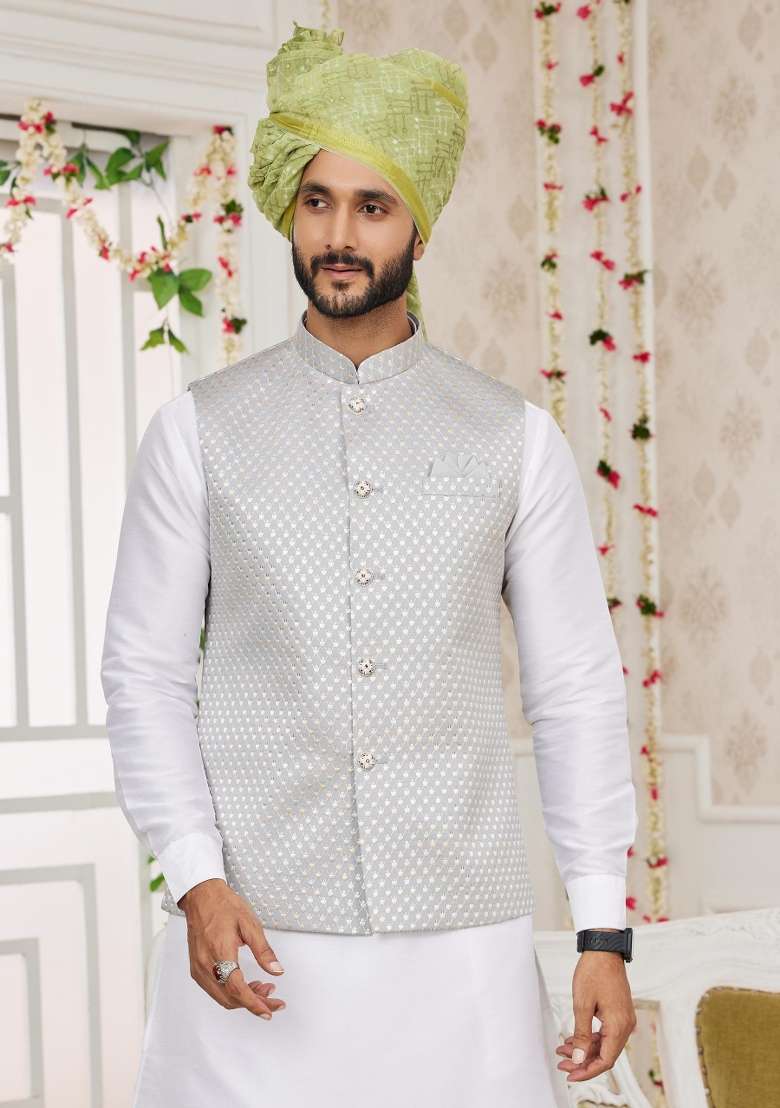 Grey Embroidered Art Silk Nehru Jacket Set For Men - Indya