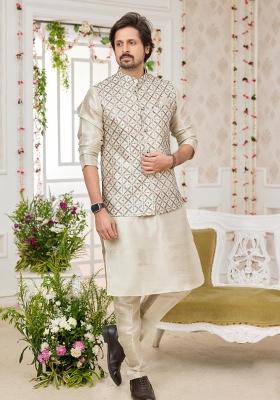 Pista Green Embroidered Art Silk Nehru Jacket Set For Men