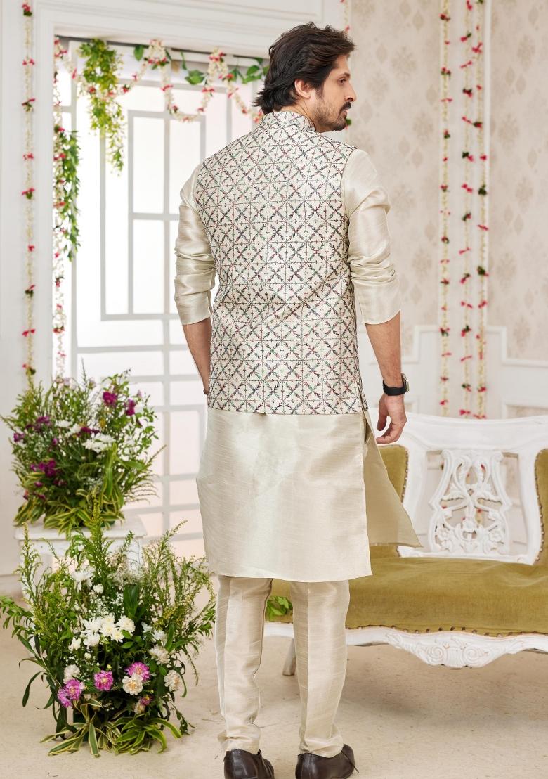 Pista Green Embroidered Art Silk Nehru Jacket Set For Men