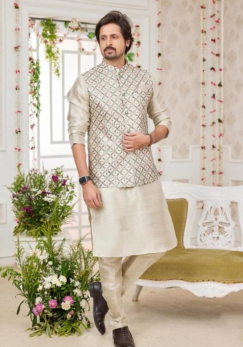 Pista Green Embroidered Art Silk Nehru Jacket Set For Men — view on Indya